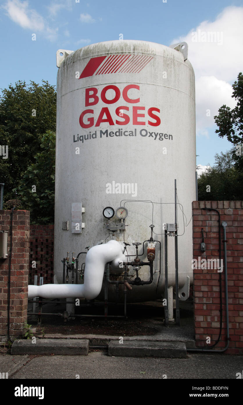 BOC Gaz un récipient rempli de gaz de l'oxygène médical dans une enceinte protégée à Ealing Hospital, à l'ouest de Londres, Royaume-Uni. Banque D'Images