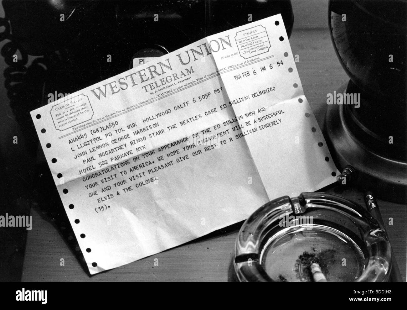 Télégramme d'Elvis Presley aux Beatles sur leur tournée aux USA en février 1964 Banque D'Images