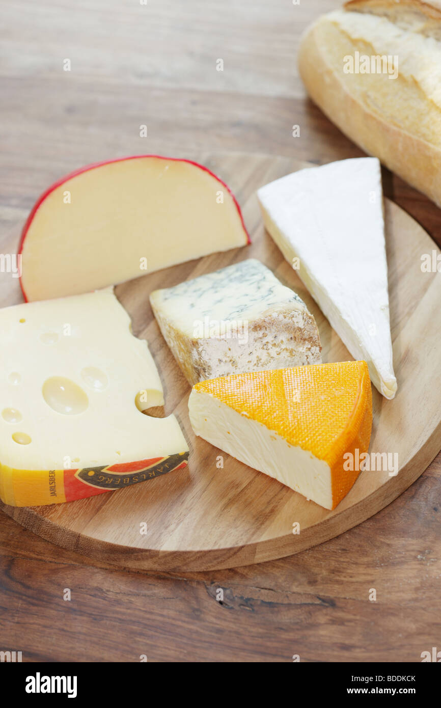 Sélection ou assortiment de fromages savoureux dessert sur un plateau de fromages avec aucun peuple Banque D'Images