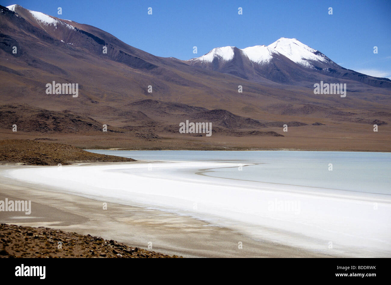 Grand lac salin dans le désert pierreux haute altitude du sud-ouest de la Bolivie. Banque D'Images