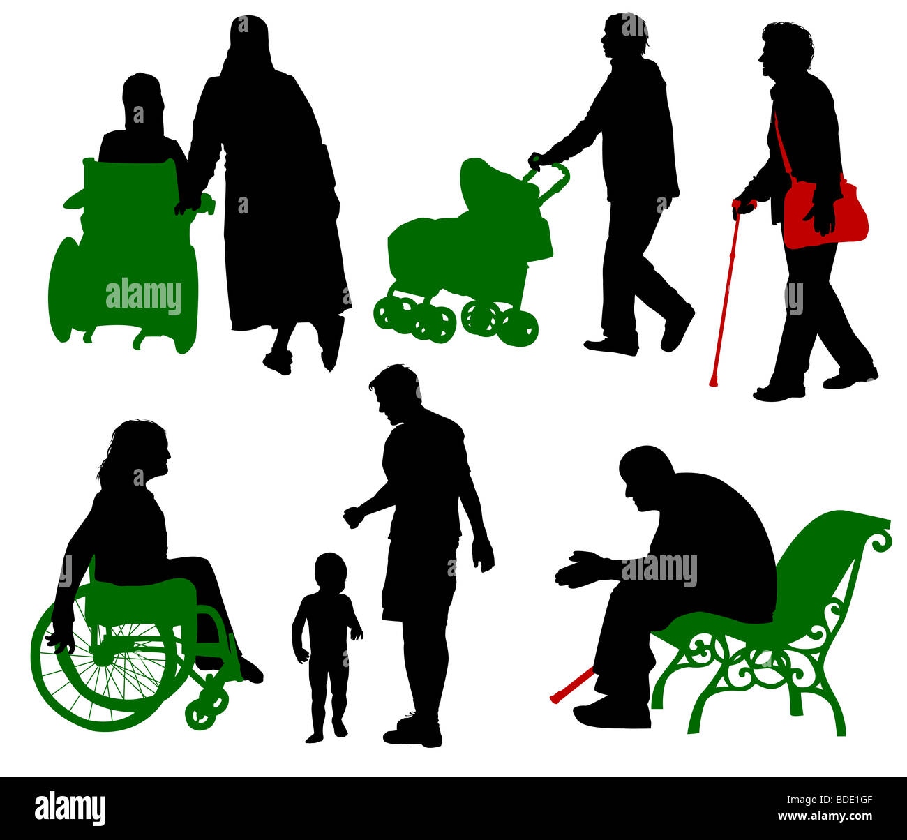 Silhouette de vieux, les handicapés, les parents avec enfants Banque D'Images