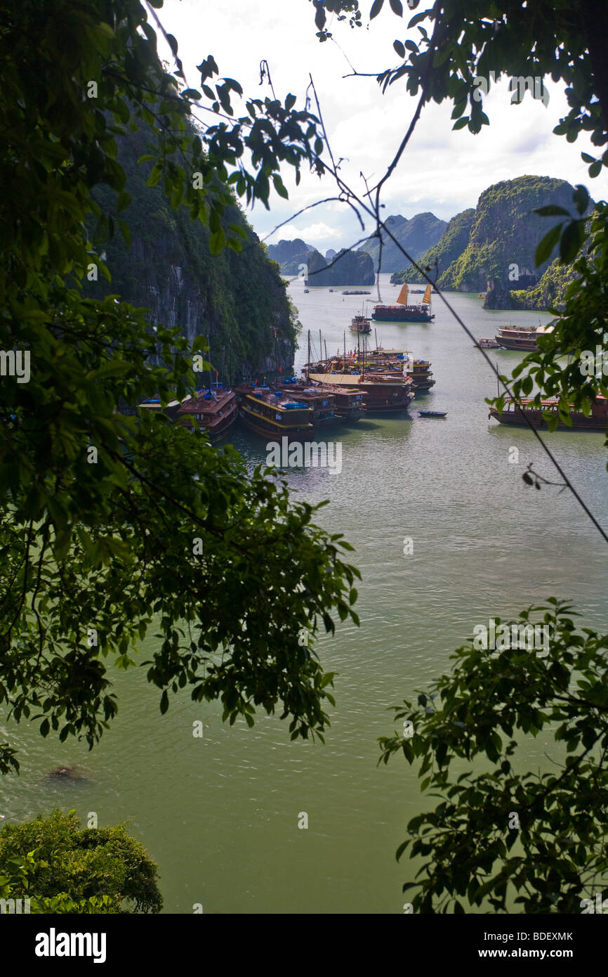 Vue depuis le haut de la bouche de la grotte de Hai Phong sur les îles de la Baie d'Ha Long, Vietnam Banque D'Images