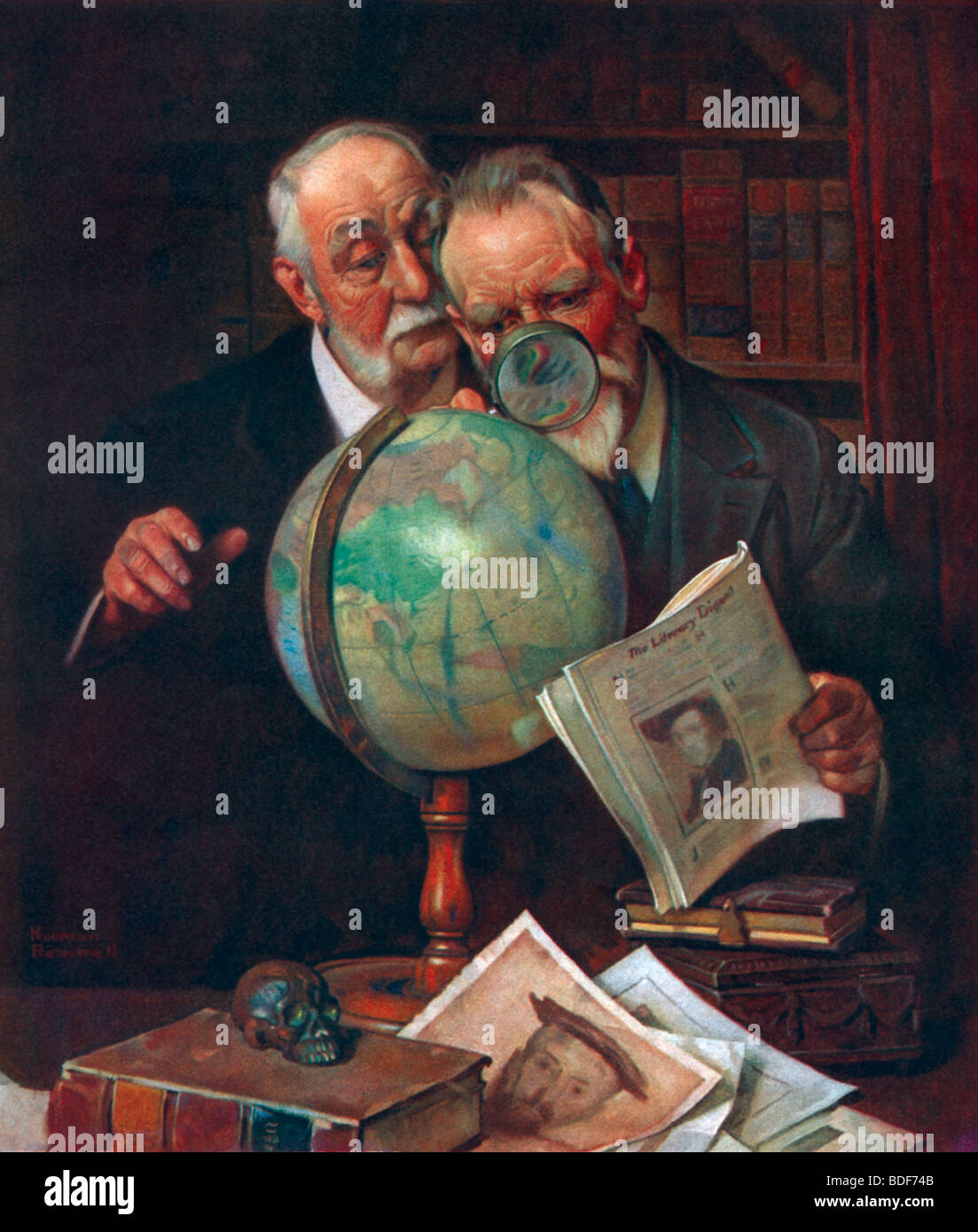 Deux hommes regardant le globe avec la loupe de Norman Rockwell Banque D'Images