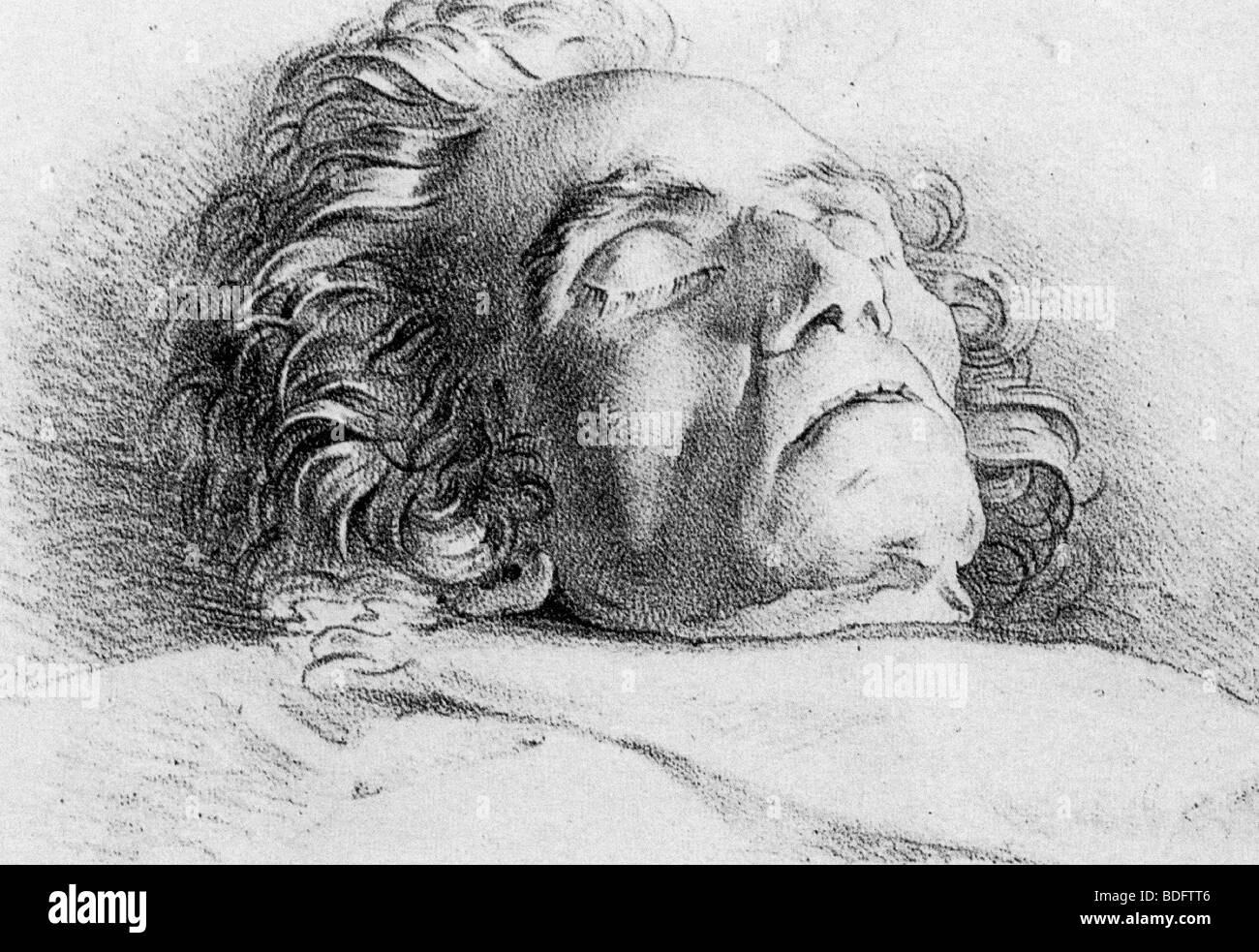 LUDWIG van Beethoven (1770-1827) compositeur allemand sur son lit de mort. Banque D'Images