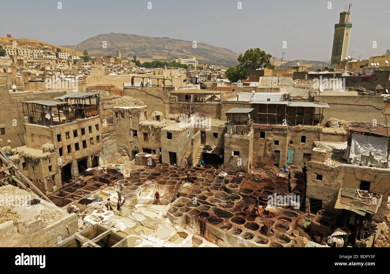 En vue d'un souk tannerie à la Médina de Fes/Fez sont représentés le 19 août 2009, au Maroc, en Afrique du Nord. Banque D'Images