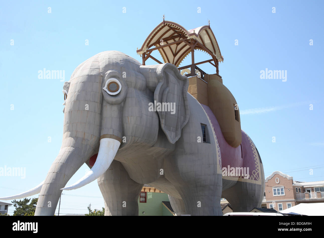 Lucy l'éléphant. De l'avant et sur le côté droit, de genoux. Banque D'Images