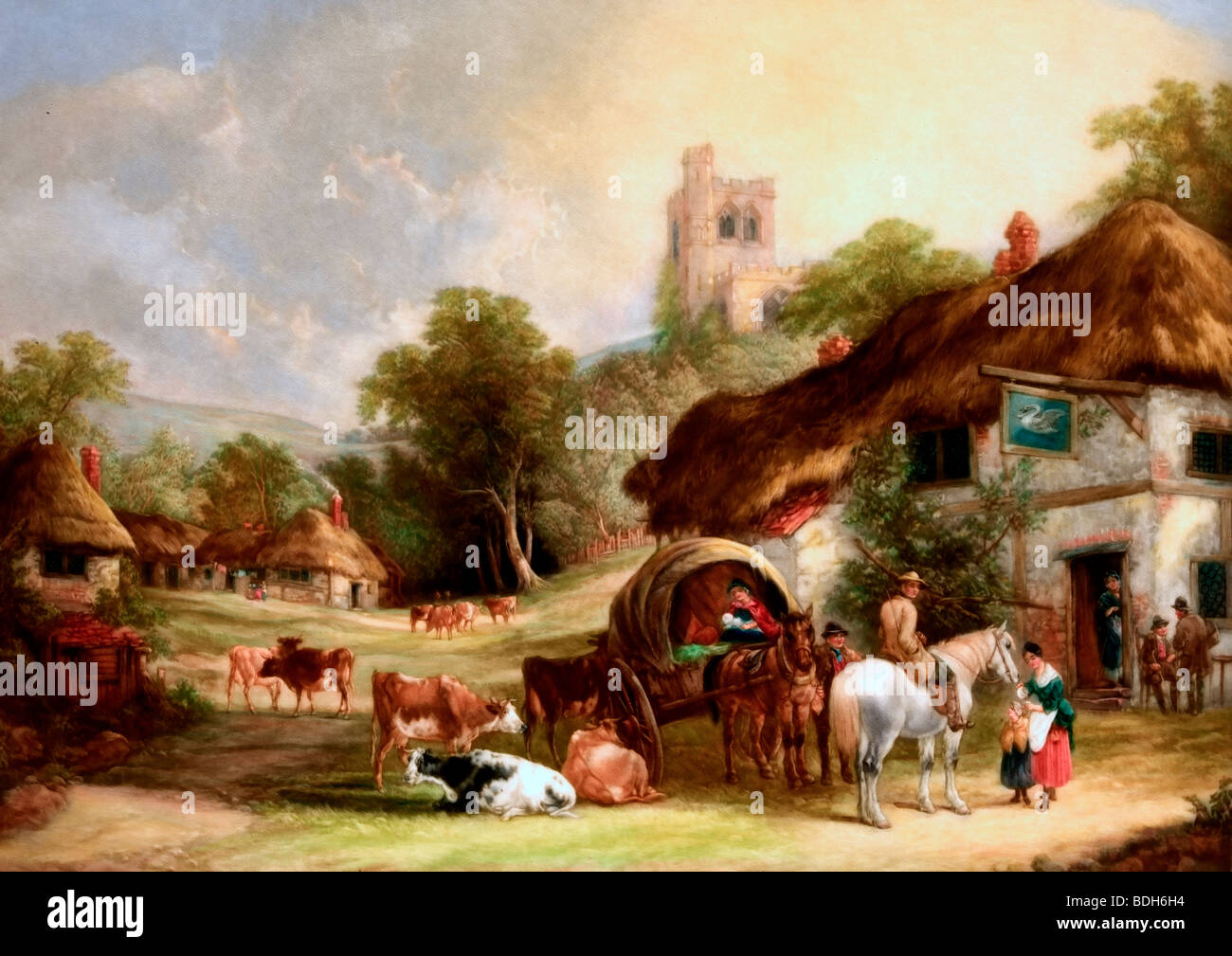 Toit de chaume inn et maisons, bétail, en calèche, château en arrière-plan la Grande Bretagne, 18e siècle Banque D'Images