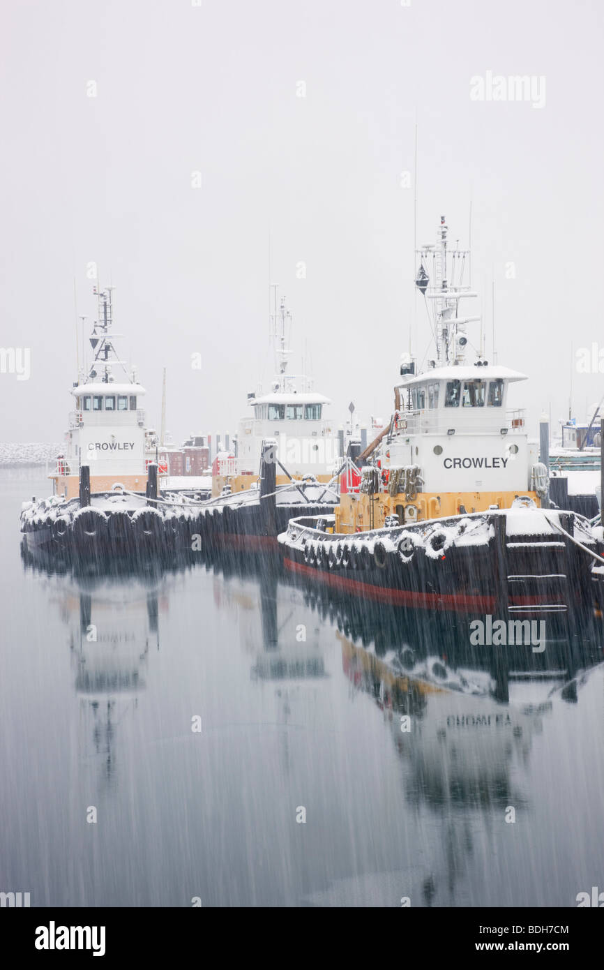 Crowley remorqueurs à l'Seward Boat Harbour pendant une tempête de neige, en Alaska. Banque D'Images