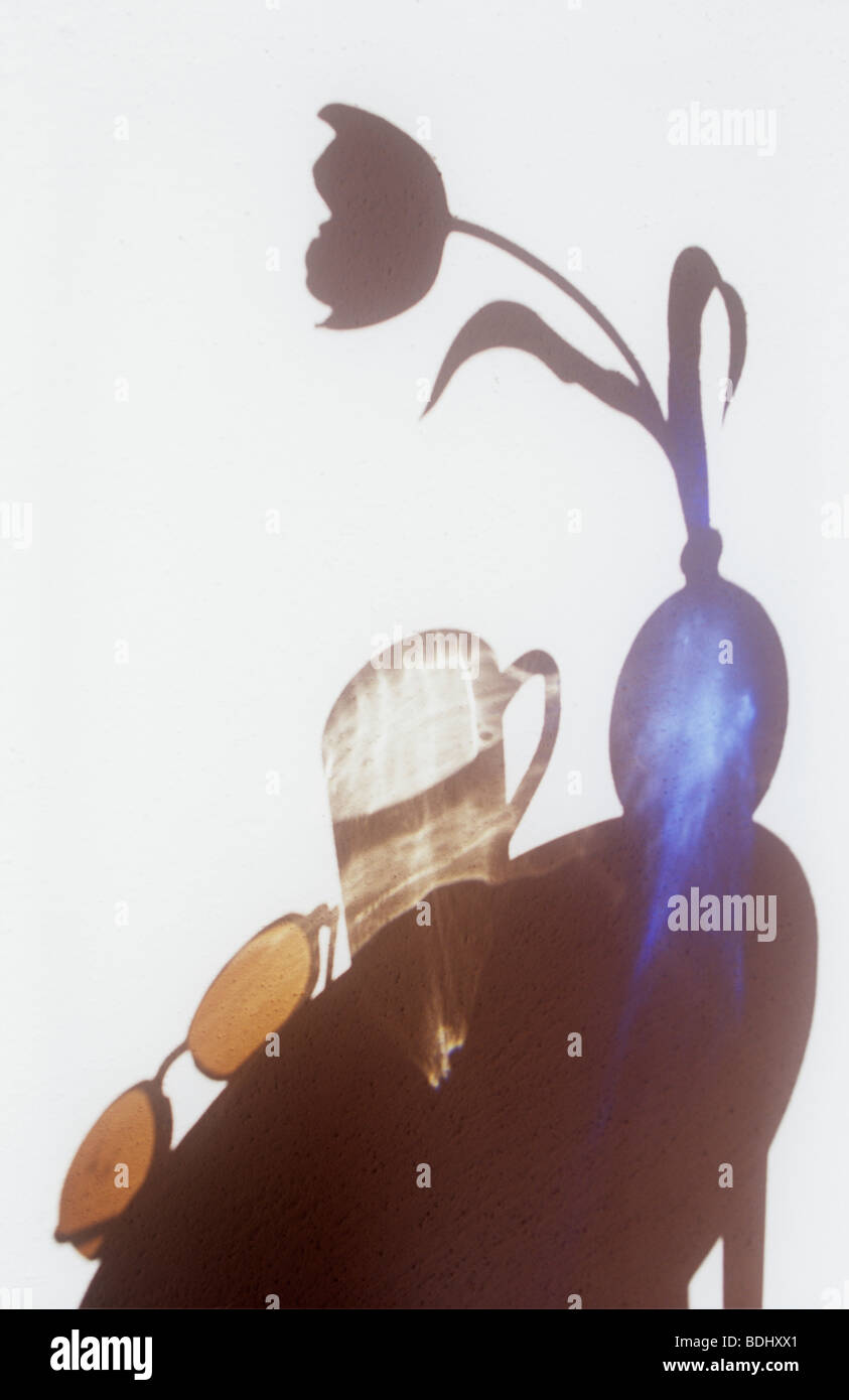 Ombre sur mur blanc de table circulaire avec des lunettes de soleil marron  mug en verre vase en verre bleu et rond avec fleur tulipe unique Photo  Stock - Alamy