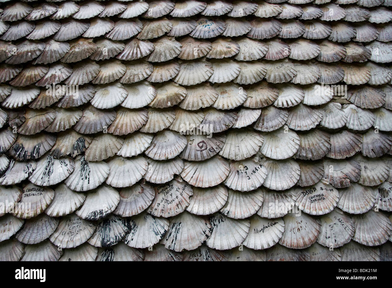 Toit de l'église couvert de coquilles de pétoncle Isla de la Toja, Galice, Espagne Banque D'Images