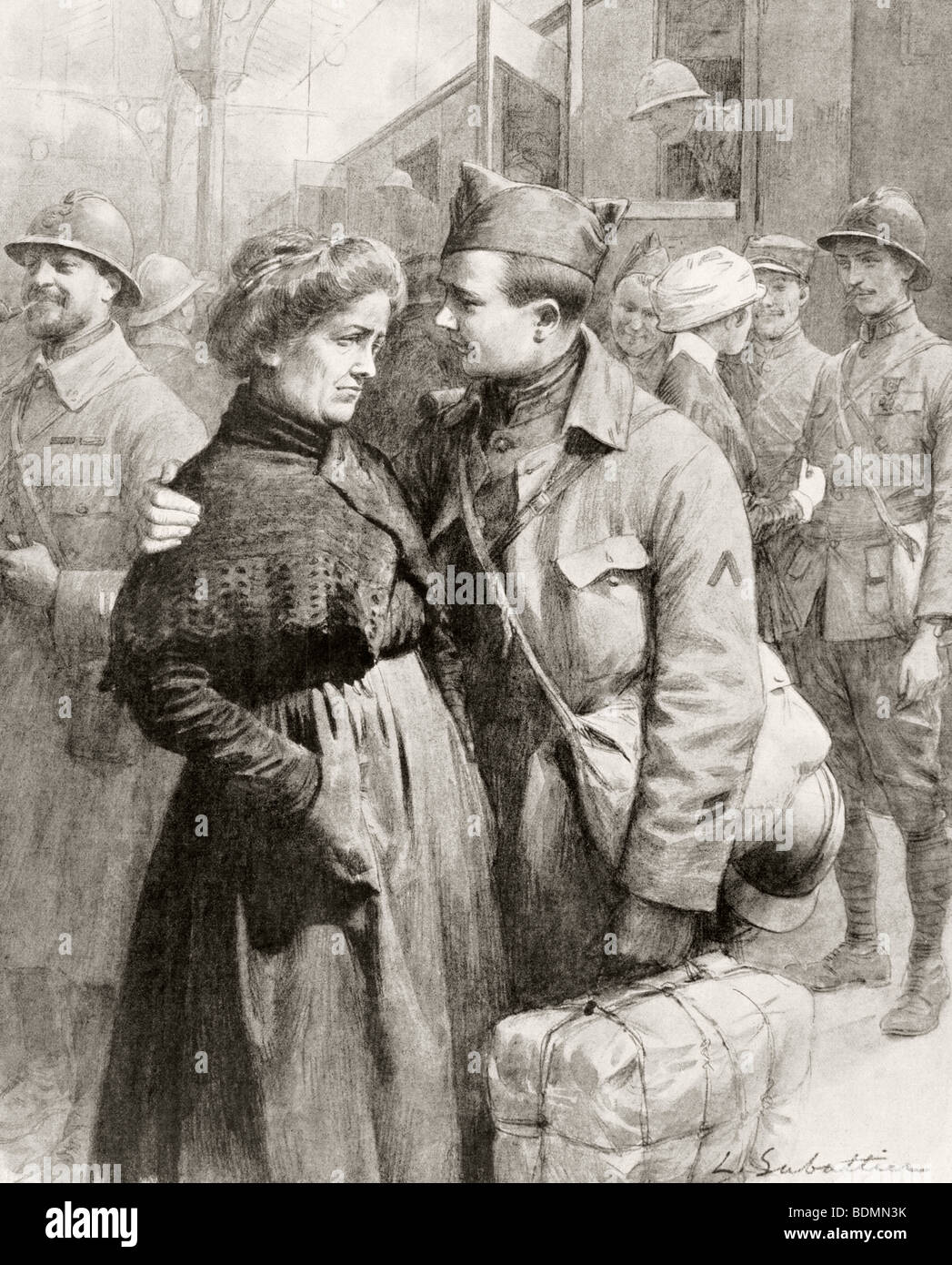 Un soldat français dit au revoir à sa mère alors qu'il part pour le front pendant la Première Guerre mondiale. Banque D'Images