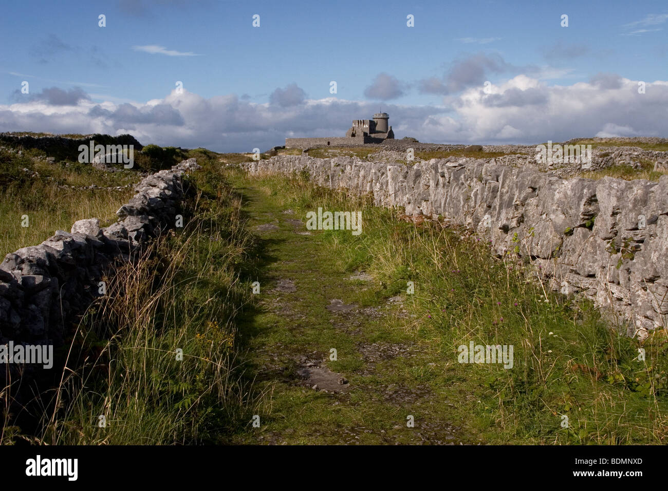 Pays aux murs de pierre chemin avec Dun Arann tour à signaux derrière, l'Inis Mor (Inismore) Island, Îles d'Aran, dans le comté de Galway, Irlande. Banque D'Images