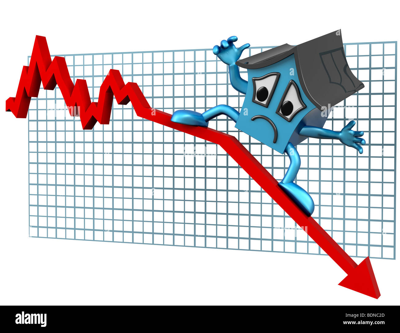Illustration d'une maison isolée du surf à la baisse sur une graphique en déclin Banque D'Images