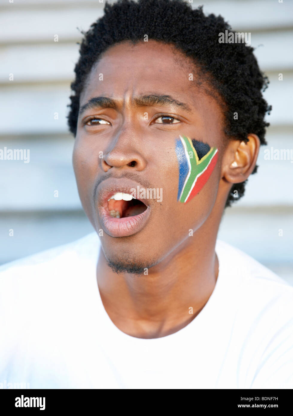 Fan de sport avec drapeau sud-africain peint sur sa joue. Cape Town, Province de Western Cape, Afrique du Sud Banque D'Images