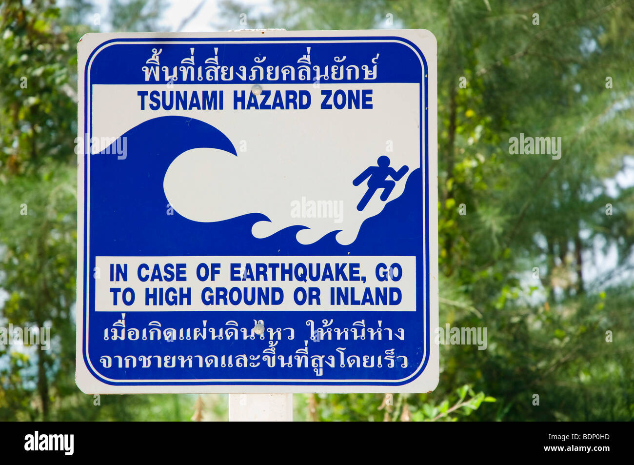 Panneau d'avertissement de tsunami, plage de Nang Thong, Khao Lak, la mer d'Andaman, en Thaïlande, en Asie Banque D'Images