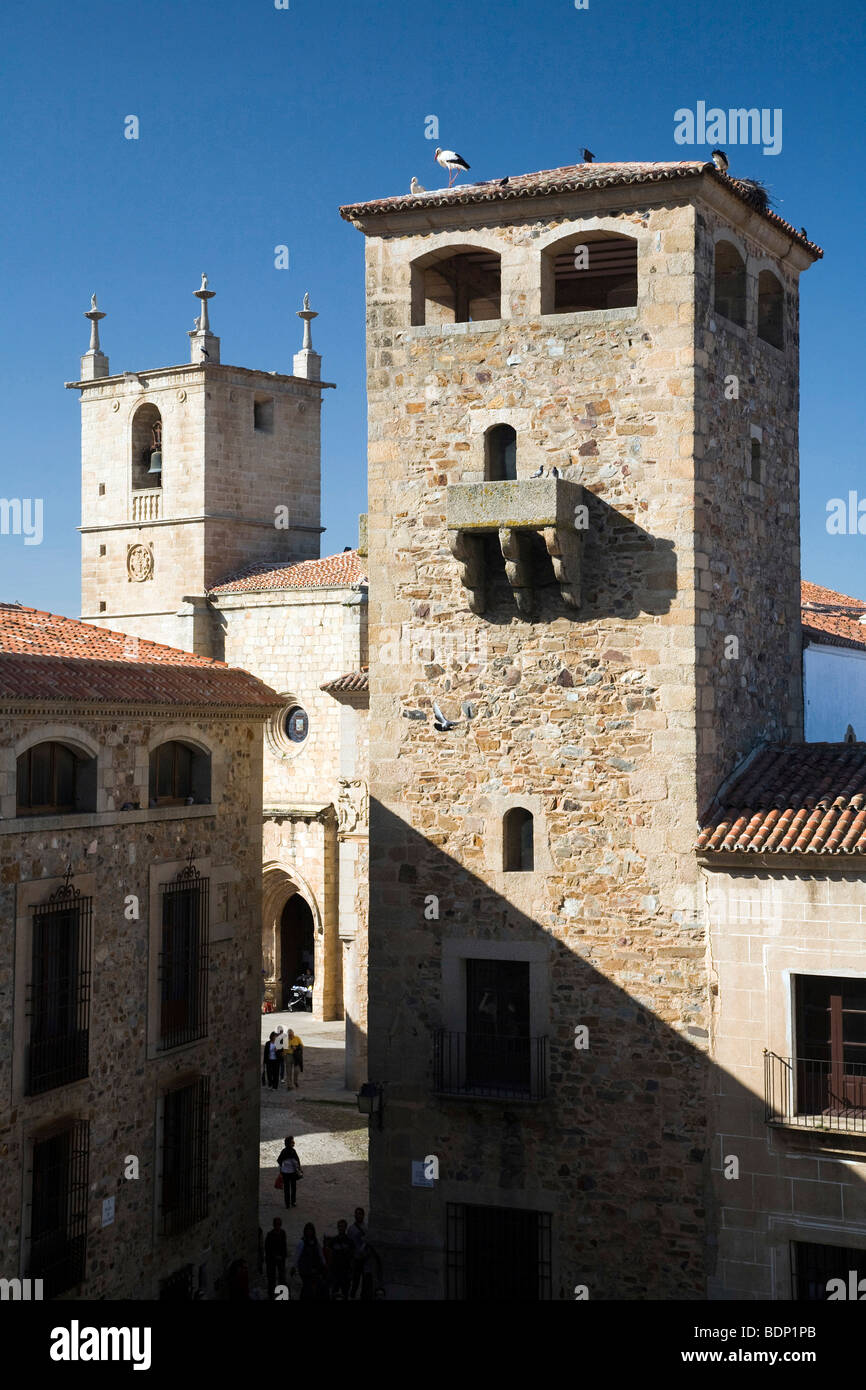 Tour de Golfines de Abajo palace, avec le clocher de la cathédrale sur l'arrière-plan, la place San Jorge, Caceres, Espagne Banque D'Images