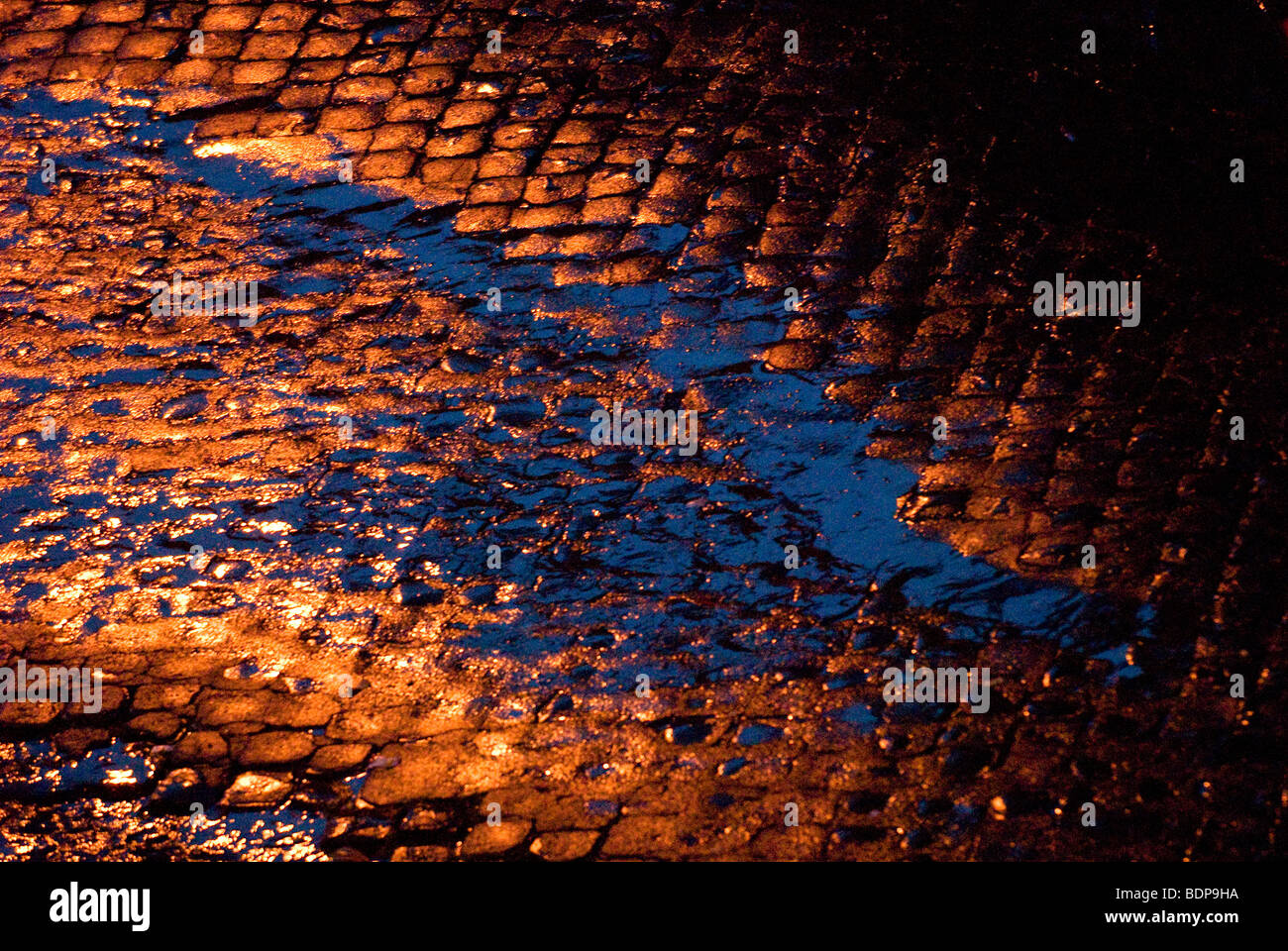 Les flaques d'eau sur la rue pavée de pierres, Rome, Italie Banque D'Images