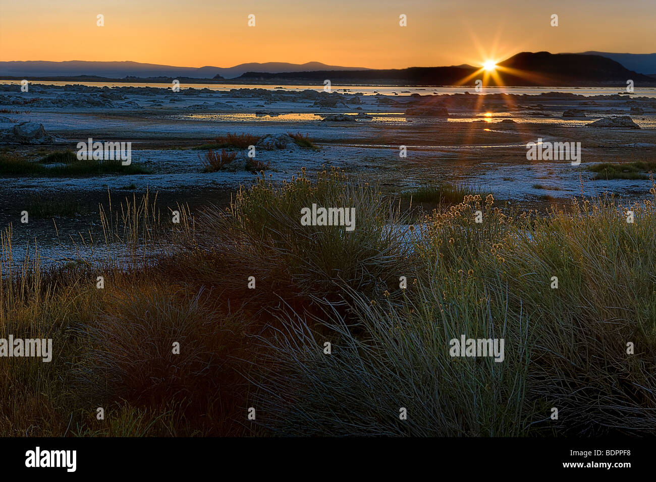 Un matin, le lever du soleil à Black Point, le long de la limite nord du lac Mono, près de Lee Vining, Californie, USA. Banque D'Images