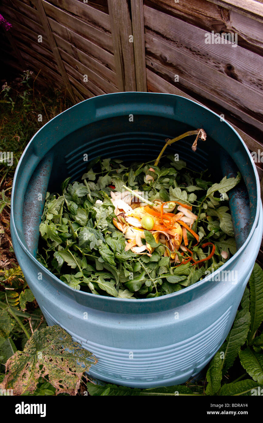 COMPOSTAGE DES DÉCHETS DE CUISINE DANS UN BAC À COMPOST DOMESTIQUE. Banque D'Images