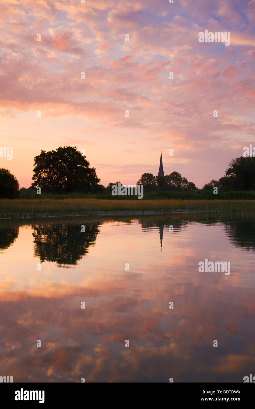 La cathédrale de Salisbury spire et dawn sky reflète dans un étang, Salisbury, Wiltshire, Angleterre. En été (juin) 2009. Banque D'Images