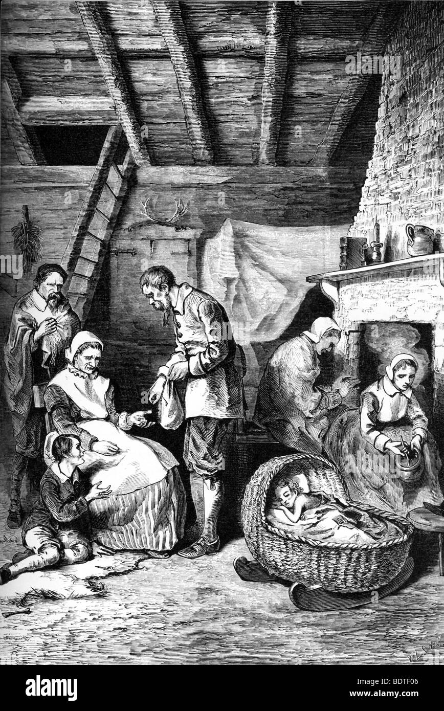 Les pèlerins sous-estimé la quantité de nourriture dont ils auraient besoin pour l'hiver et ils avaient une allocation quotidienne de donner des grains de maïs. Banque D'Images