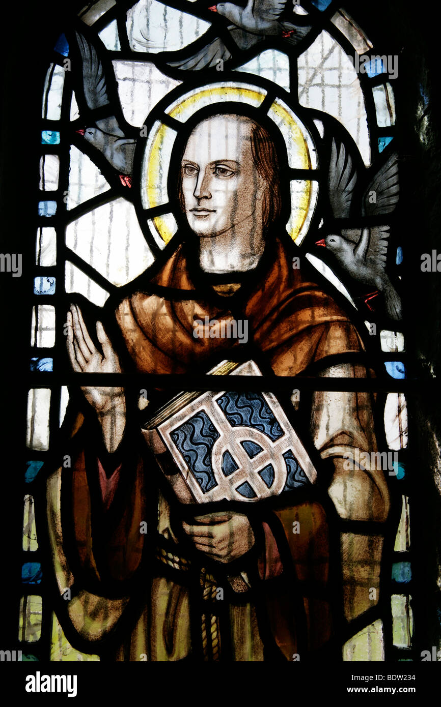 Vitraux de James Powell & Sons (1962) représentant Saint Julitta, église St Materiana, Tintagel, Cornouailles, Angleterre Banque D'Images