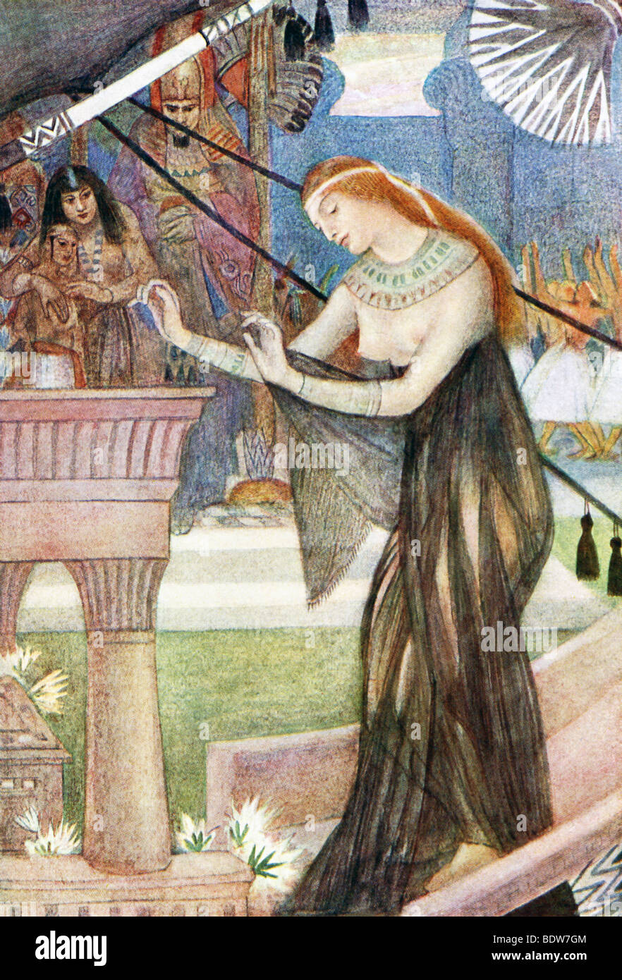 Cette illustration montre la déesse égyptienne Isis quitter Byblos pour l'Egypte après avoir pris le cercueil de mari de la colonne. Banque D'Images