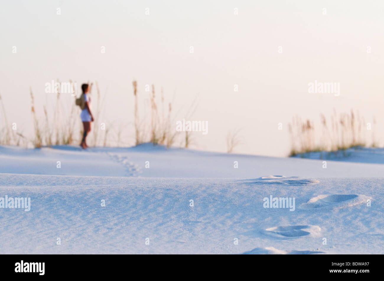 Jeune femme marchant sur la plage de sable blanc fin de l'après-midi au coucher du soleil sur la Côte d'émeraude de Destin sur le golfe du Mexique. Banque D'Images
