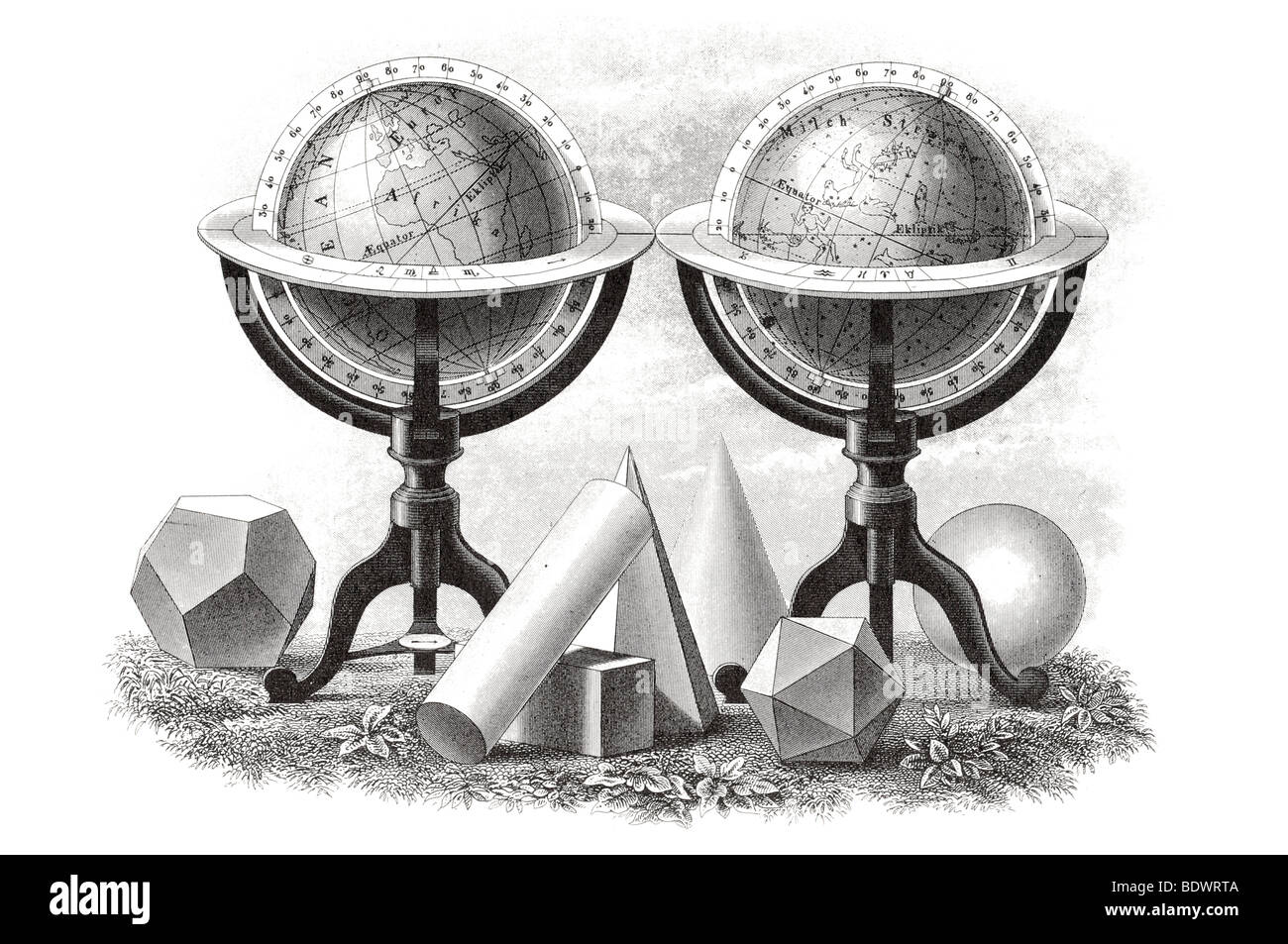 Les problèmes géométriques et mathématiques instrument mesure règle compas sextant astrolabe sphérique gravit ellipse de la rotation terrestre Banque D'Images