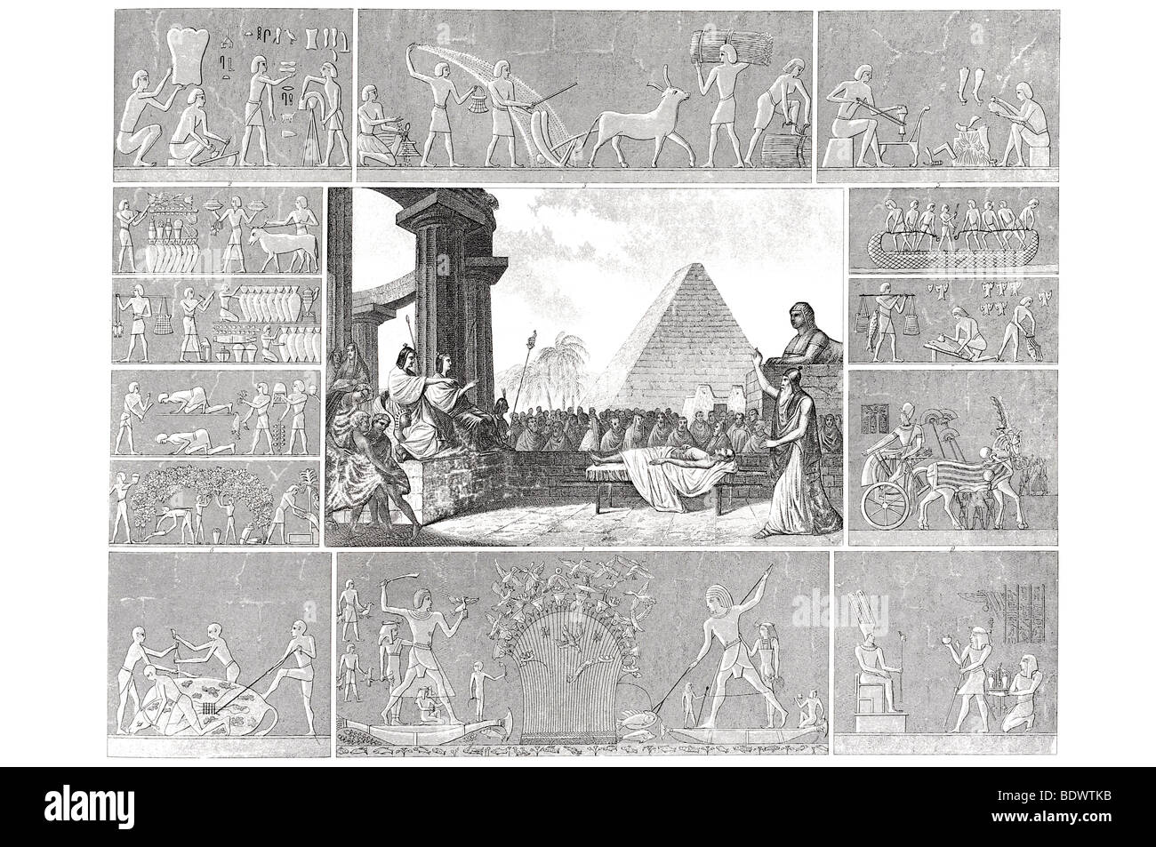 La cour d'Égypte morts agriculture métiers chasse pêche vintage king char trône présente Banque D'Images