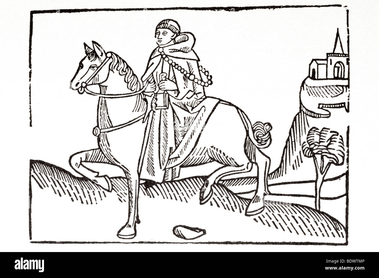 W caxton 1484 Canterbury Tales de Geoffrey Chaucer le moine portant une petite boîte dans sa main gauche ses perles en bandoulière à travers son shoul Banque D'Images