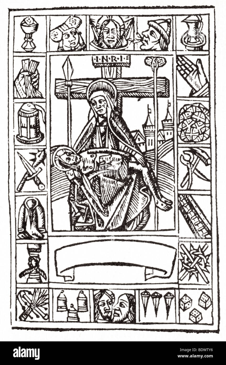 W de worde thomas a kempis 1515 imytacio de cryst imitation du Christ de pitié de l'image marie portant un nimbus et tenir à l'ombre double Banque D'Images