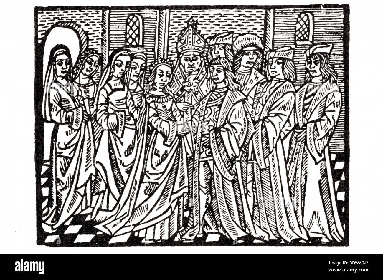 Pynson r 1501 traduction & mariage de la princesse Catherine un mariage deux dames deux plus une épouse d'un évêque un groom dans un oge Banque D'Images