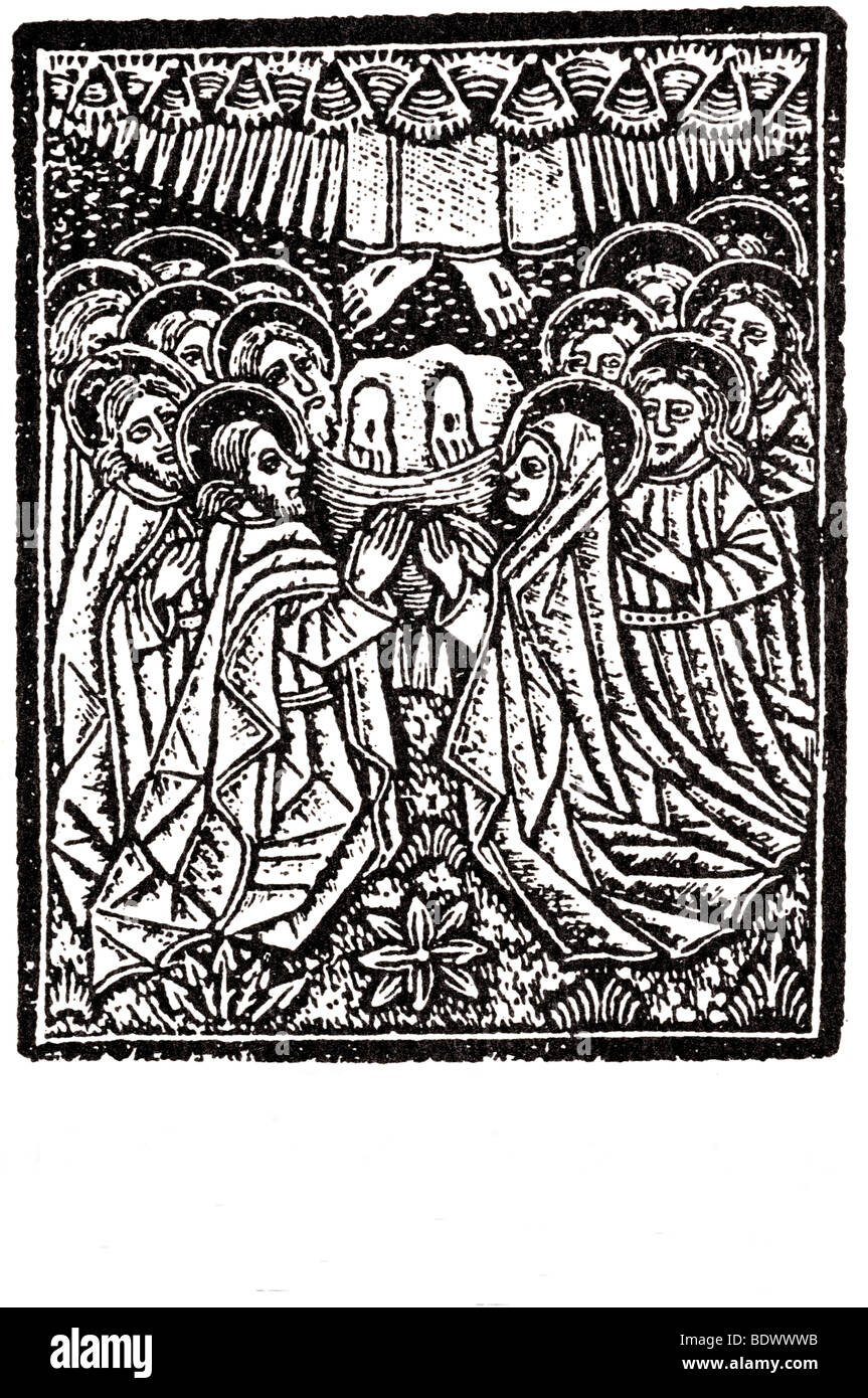 J notaire 1503150416 février Jacobus de Voragine legenda aurea l'ascencion sept disciples à genoux les traces de Jésus r Banque D'Images