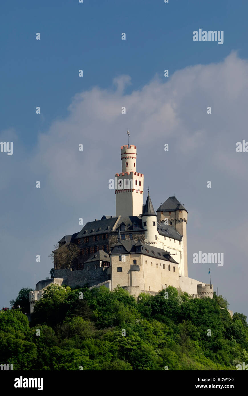 Château de Marksburg, château médiéval de montagne dans le patrimoine mondial de l'UNESCO Mittelrheintal Middle Rhénan Valley, Rhénanie-Palatinat Banque D'Images