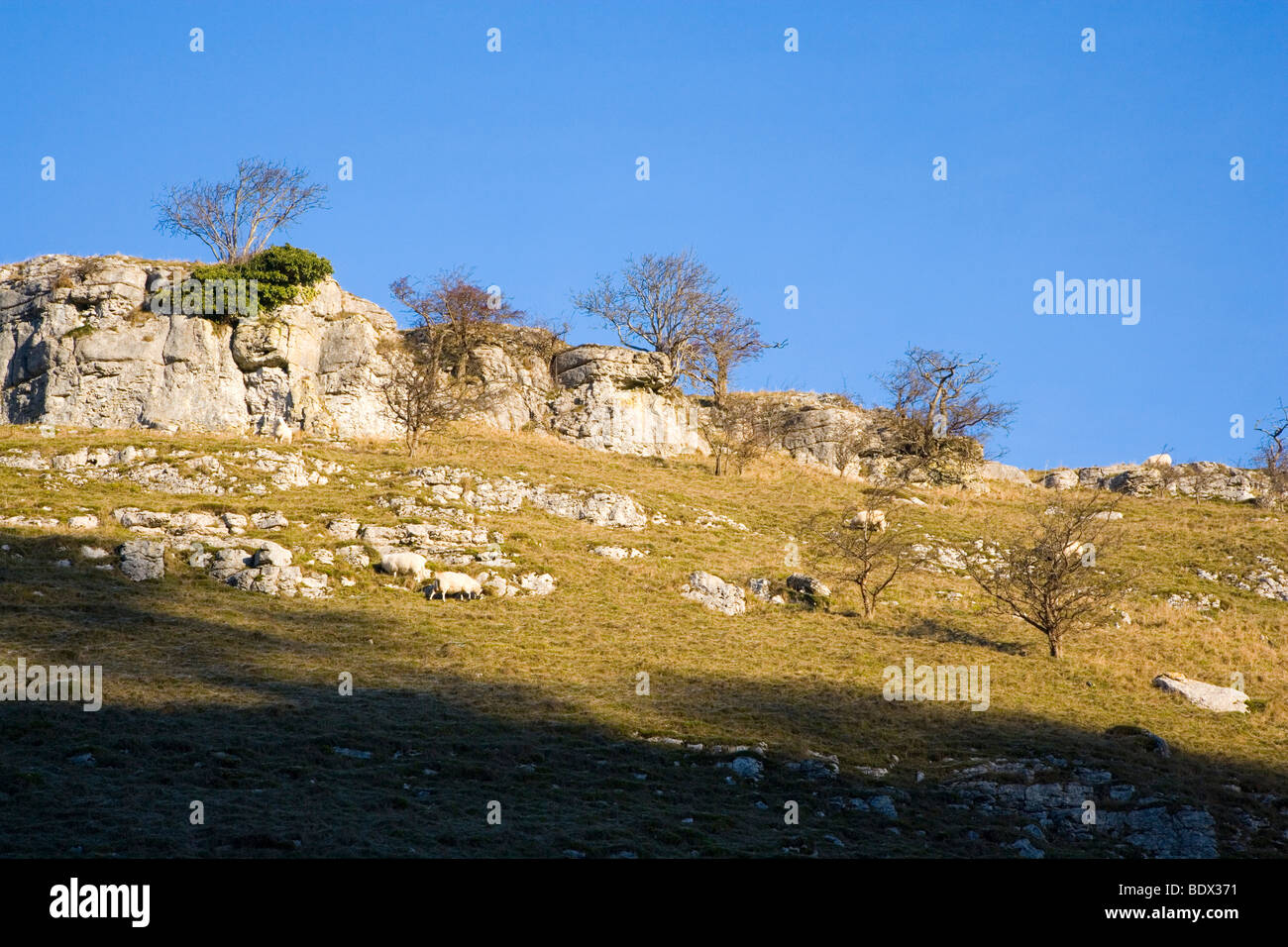 Un rocher calcaire contre un ciel bleu au-dessus de Ricklow Dale dans le Derbyshire Banque D'Images