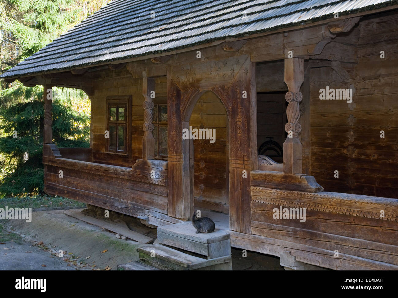 Historique de l'ukraine pays cabane en bois avec des sculptures sur bois et cat sur le seuil d'entrée Banque D'Images