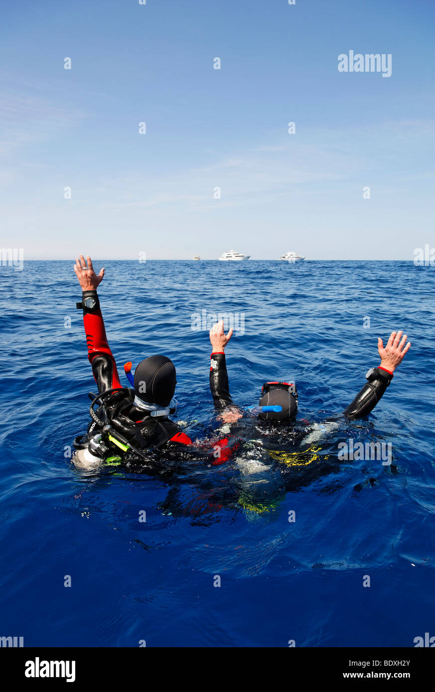 Les plongeurs à la dérive en mer s'efforcent d'obtenir l'attention des gens sur les bateaux de plongée sur l'horizon en l'agitant, l'Égypte, Mer Rouge, Afrique Banque D'Images