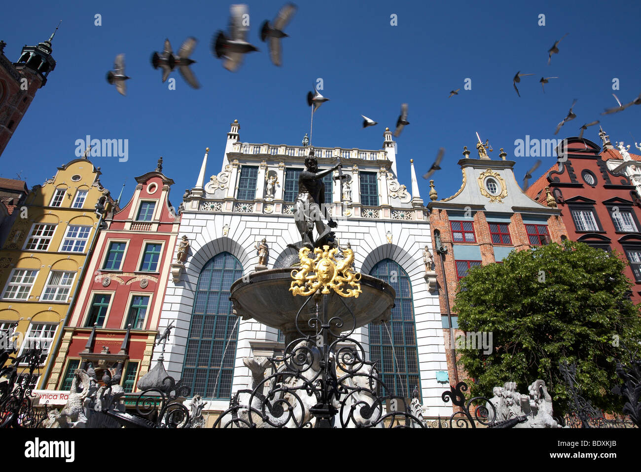 Pologne Gdansk Fontaine de Neptune Marché Longue Maison Artus Banque D'Images