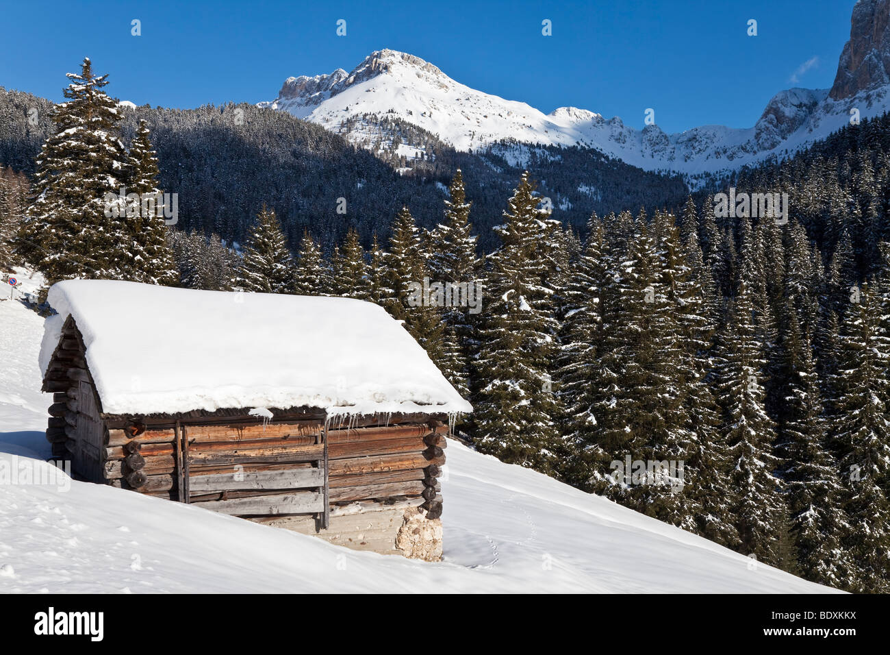 Refuge de montagne dans la neige de l'hiver, parc national Puez Odle, Dolomites, Tyrol du Sud, Italie, Trentin-Haut-Adige Banque D'Images