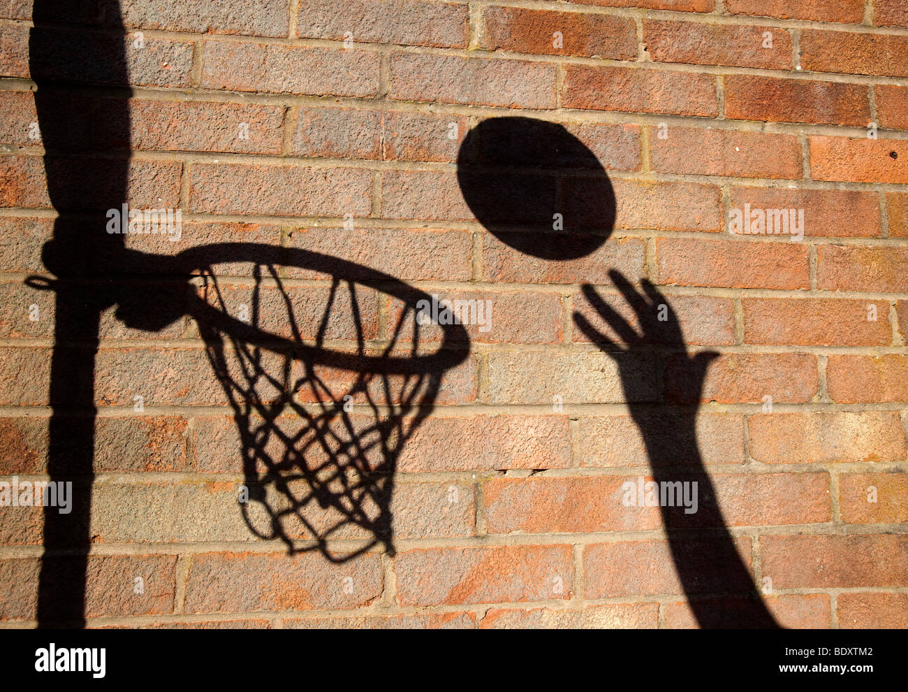 Un terrain de basket ball cerceau et jeter une ombre sur un mur de briques Banque D'Images