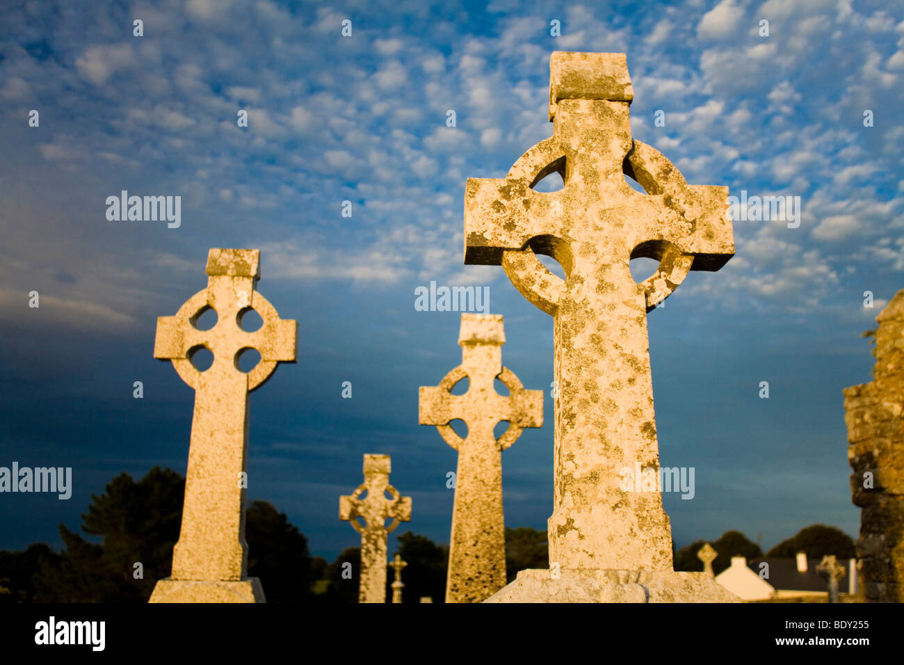 Croix hautes dans la lumière du soir dans le monastère de Clonmacnoise, County Offaly, Leinster, Irlande, Europe Banque D'Images