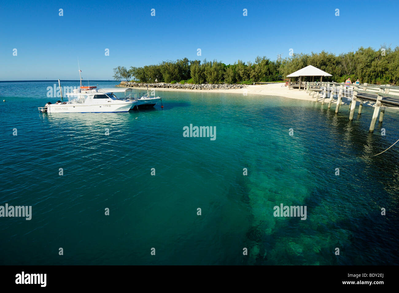 Embarcadère sur l'île Heron, Capricornia Cays National Park, Grande Barrière de Corail, Queensland, Australie Banque D'Images