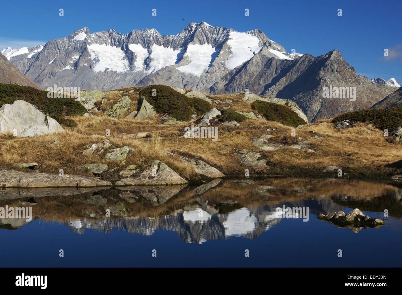 Reflet de la montagnes Wannenhorn, Aletsch, Valais, Suisse, Europe Banque D'Images