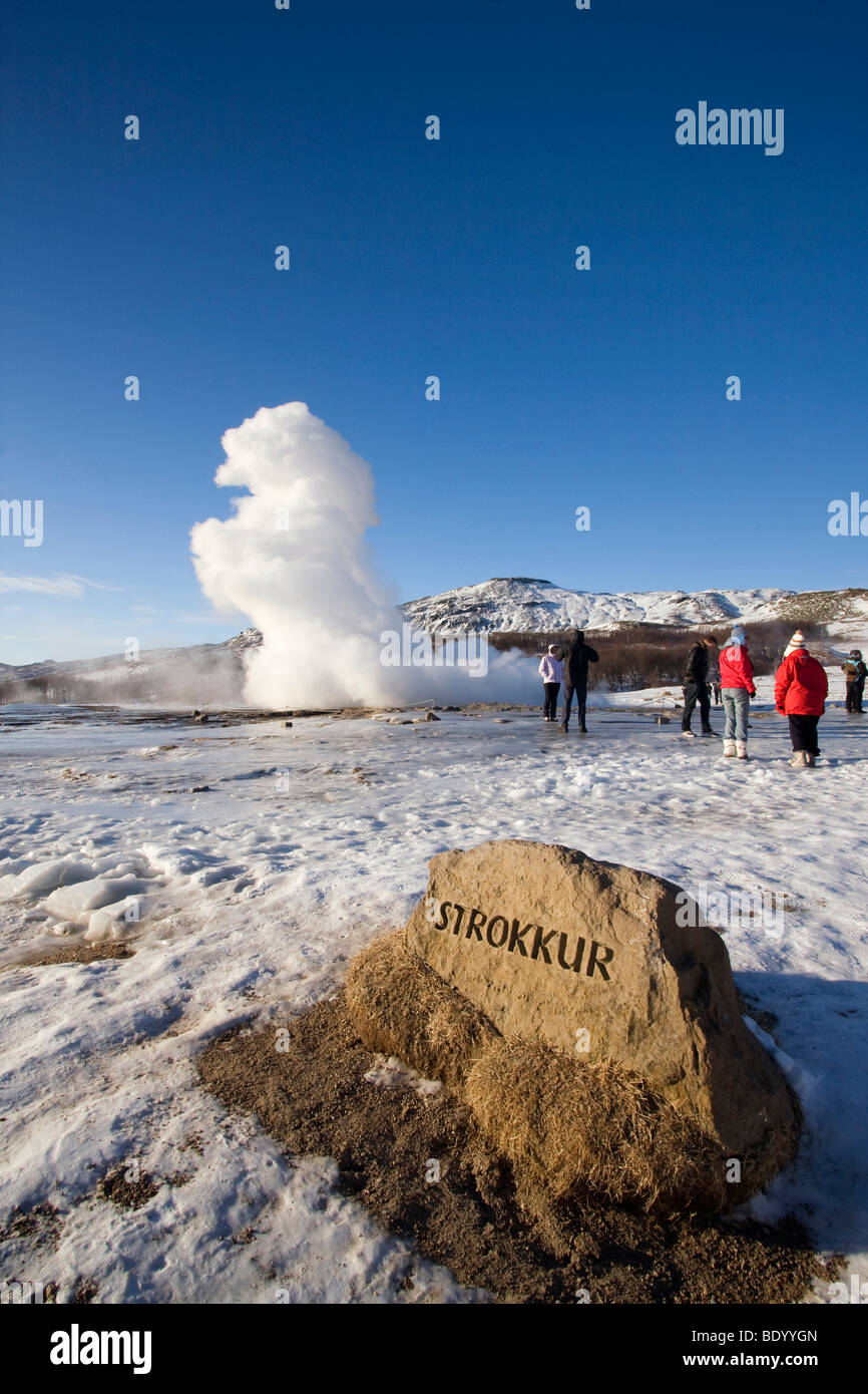 L'éruption du Geyser Strokkur dans une zone géothermique en hiver, l'Islande, de l'Europe Banque D'Images