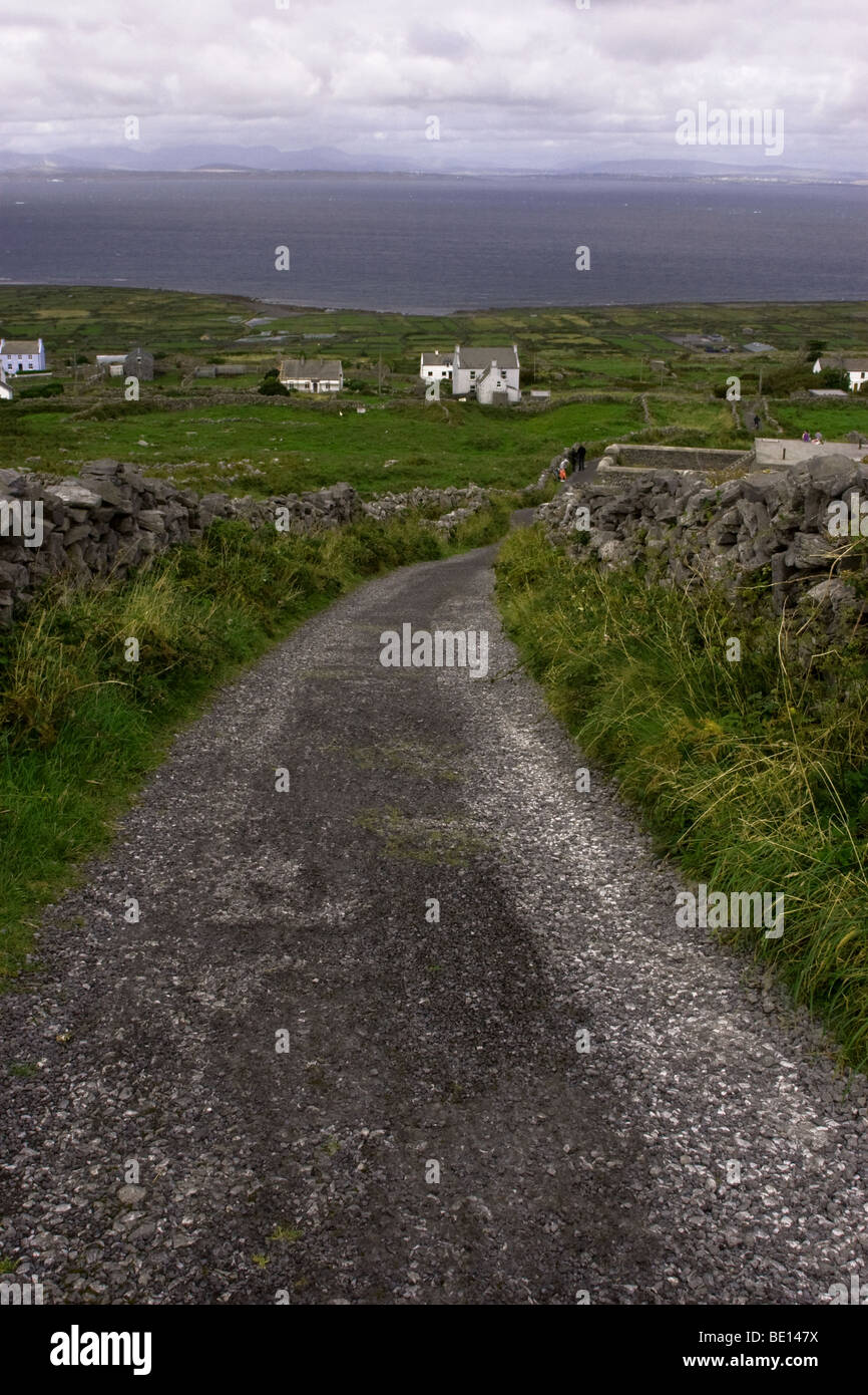 Pays sinueuse route bordée de murs traditionnels, l'Inis Mor (Inismore) Island, les îles d'Aran, Co. de Galway, Irlande Banque D'Images