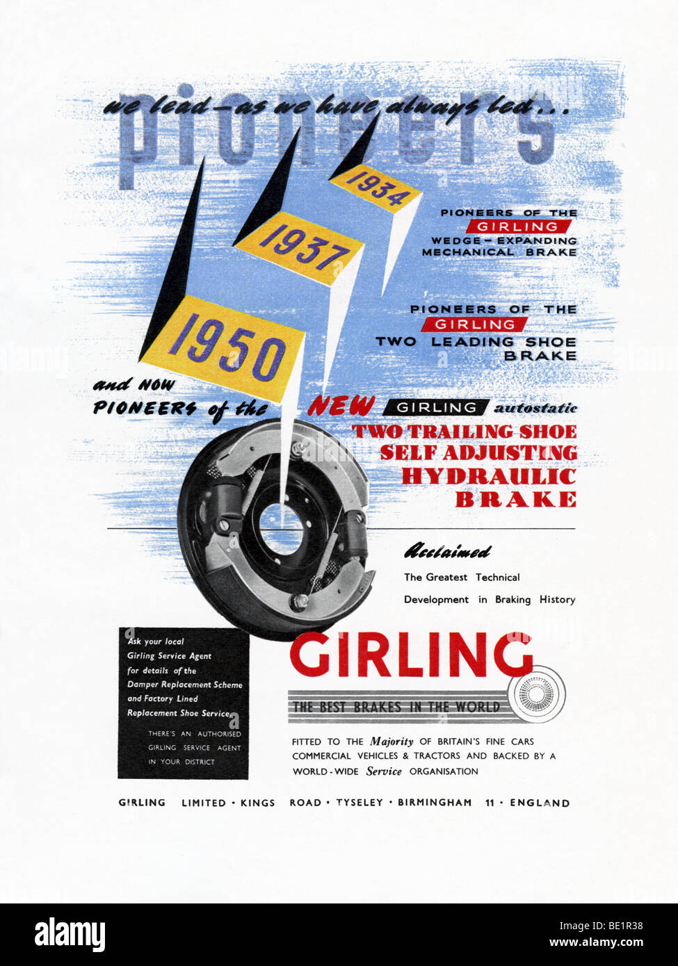 1951 Publicité pour freins Girling Banque D'Images