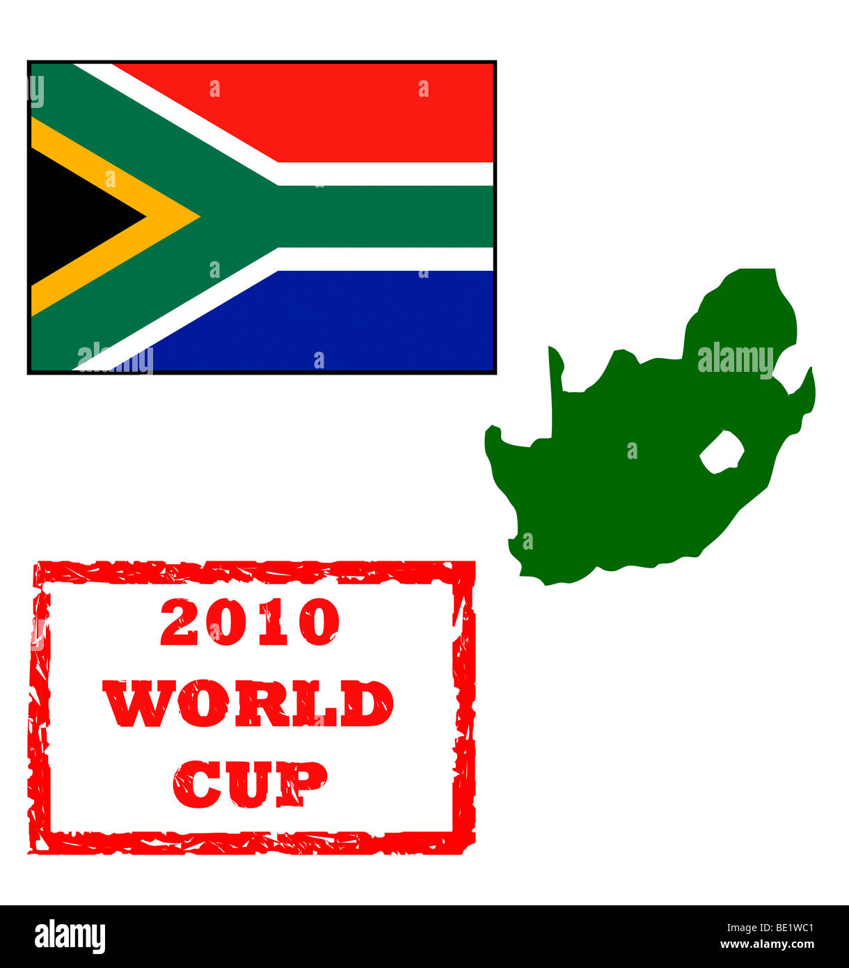Éléments graphiques pour la Coupe du Monde 2010, Afrique du Sud, de timbres de passeport et carte drapeau, isolé sur fond blanc. Banque D'Images