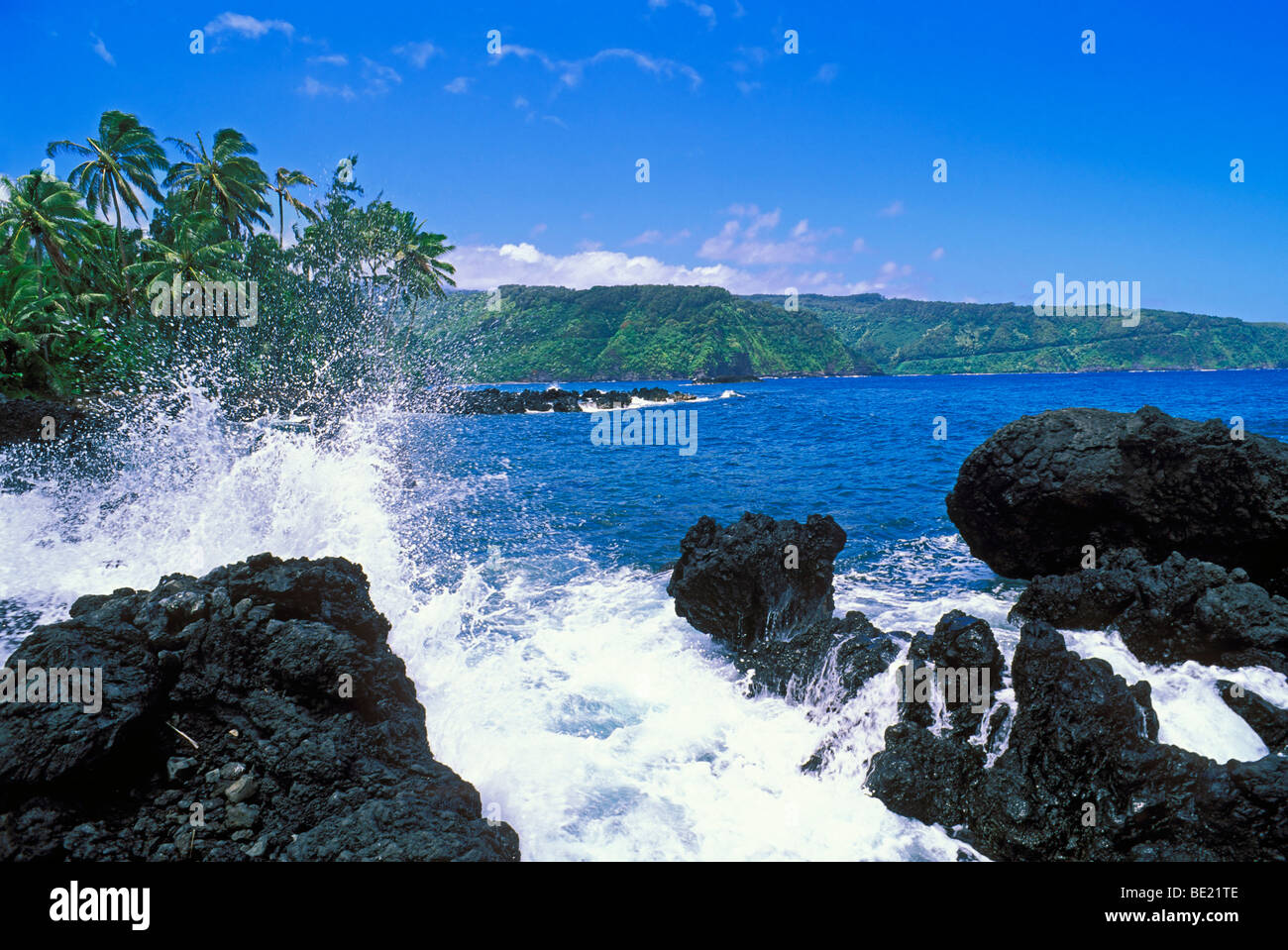 Le Hana Highway et côte Pacifique de la péninsule de Ke'anae, Maui, Hawaii Banque D'Images