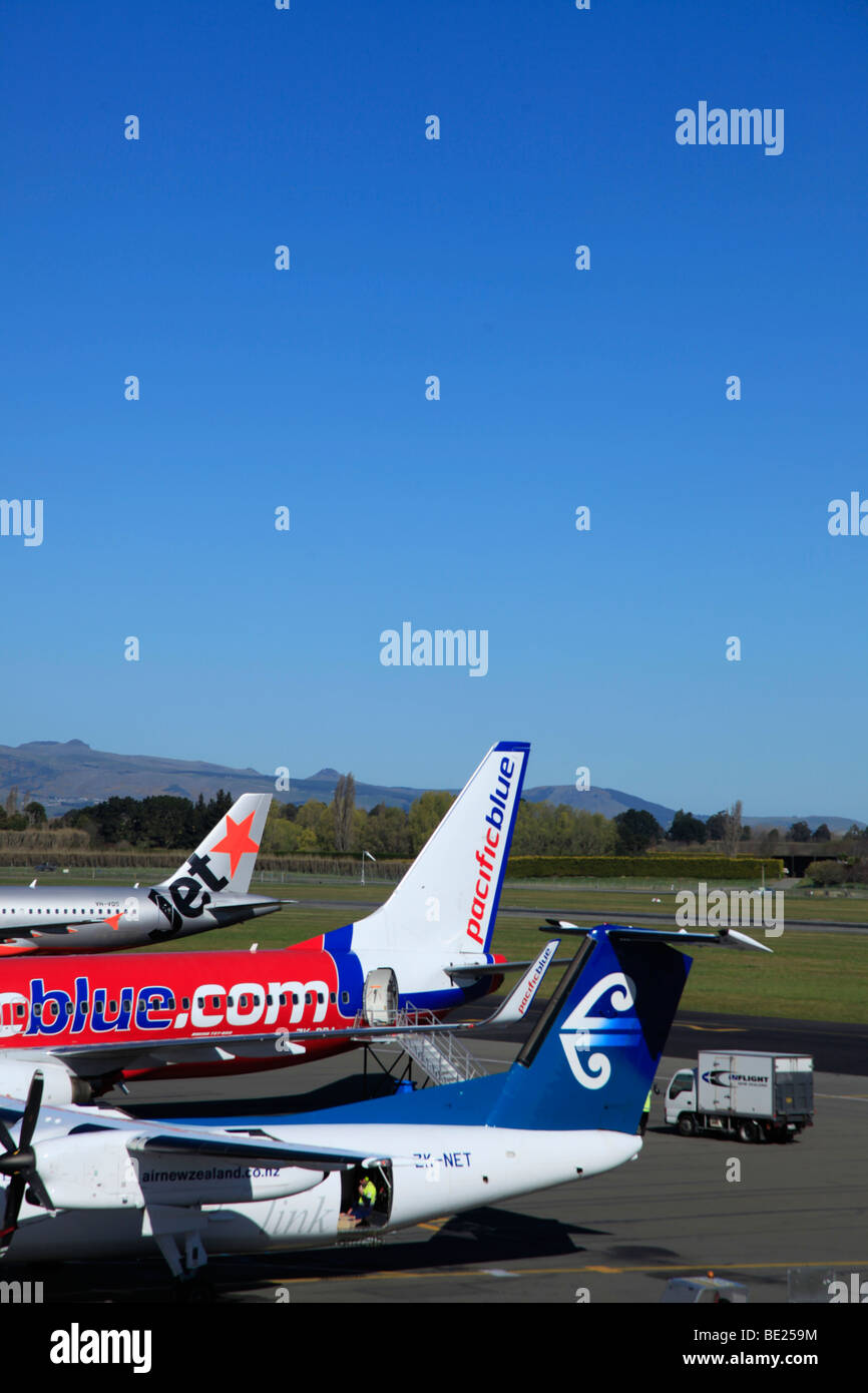 Air New Zealand Link, Pacific Blue Star Jet et avions à l'Aéroport de Christchurch, Canterbury, île du sud, Nouvelle-Zélande Banque D'Images